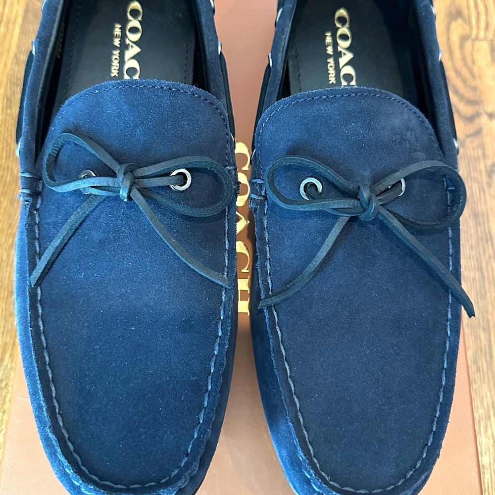 Coach Mens Mott Lace Sud Suede Blue Leather Moccasin Loafer Size 10 New